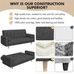 Yaheetech Black Button-Tufted Fabric 3-Seater Convertible Sofa Bed With 2 Bolster Pillows - thumbnail 4