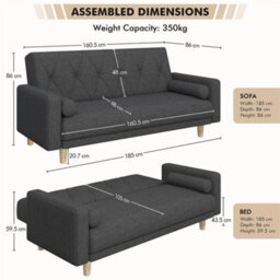 Yaheetech Black Button-Tufted Fabric 3-Seater Convertible Sofa Bed With 2 Bolster Pillows - thumbnail 3