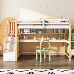 Abrihome White & Natural Pine Wood Bunk Bed With Storage Stairs, Desk & Shelves - 90X190Cm Children's Loft Bed With Slatted Frame