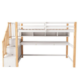 Abrihome White & Natural Pine Wood Bunk Bed With Storage Stairs, Desk & Shelves - 90X190Cm Children's Loft Bed With Slatted Frame - thumbnail 6