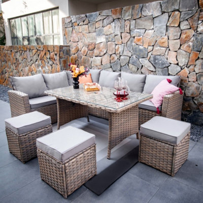 Rosen 9 Seater Rattan Corner Sofa Dining Table With Parasol Hole Set Nature - image 1