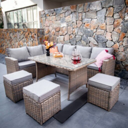 Rosen 9 Seater Rattan Corner Sofa Dining Table With Parasol Hole Set Nature - thumbnail 1