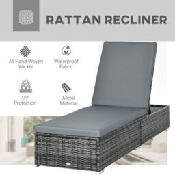 Outsunny Patio Rattan Chaise Lounge Garden Pool Wicker Sun Lounger Adjustable - thumbnail 4