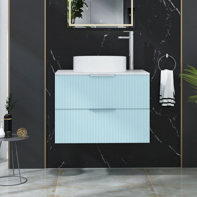 Royal Bathrooms Evora 700mm Powder Blue Fluted Wall Hung Countertop Vanity Unit 2 Drawer With Art Basin - image 1