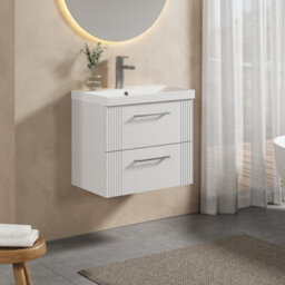Balterley Belvide Partial Fluted 2 Drawer Wall Hung Vanity Unit With 1 Tap Hole Thin-Edge Basin- 600mm - Satin White - thumbnail 4