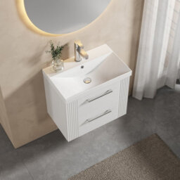 Balterley Belvide Partial Fluted 2 Drawer Wall Hung Vanity Unit With 1 Tap Hole Thin-Edge Basin- 600mm - Satin White - thumbnail 3
