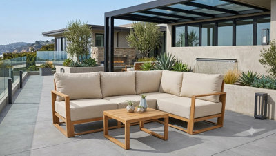 UK Leisure World Aluminium Metal Wooden Effect 8 Seater Corner Sofa Garden Conservatory Beige Set - image 1