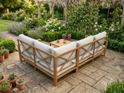 UK Leisure World Aluminium  Metal Wooden Effect 8 Seater Corner Sofa Garden Conservatory Beige Set - thumbnail 3