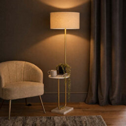 Valuelights Tavel Cream Boucle Fabric Shade Gold Shelf Floor Lamp And Bulb - thumbnail 1