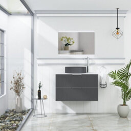 Royal Bathrooms Evora 800mm Graphite Grey Fluted Wall Hung Countertop Vanity Unit 2 Drawer With Art Round Basin - thumbnail 2