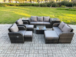 Fimous 10 Seater Garden Furniture Set Rattan Outdoor Lounge Sofa Chair With Tempered Glass Table 3 Footstools 2 Side Tables - thumbnail 2