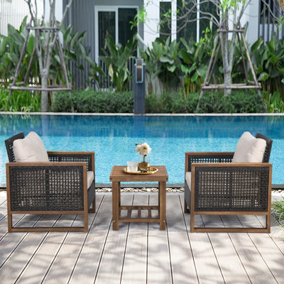 Costway 3Pcs Patio Furniture Set Outdoor Garden Wood Coffee Table & 2 Pe Rattan Chairs - image 1