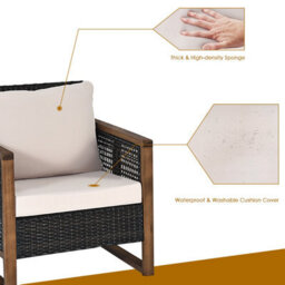 Costway 3Pcs Patio Furniture Set Outdoor Garden Wood Coffee Table & 2 Pe Rattan Chairs - thumbnail 8