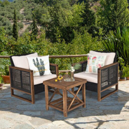 Costway 3Pcs Patio Furniture Set Outdoor Garden Wood Coffee Table & 2 Pe Rattan Chairs - thumbnail 9