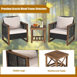 Costway 3Pcs Patio Furniture Set Outdoor Garden Wood Coffee Table & 2 Pe Rattan Chairs - thumbnail 6