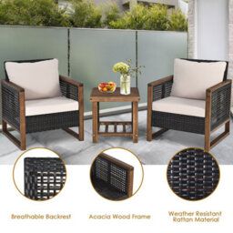 Costway 3Pcs Patio Furniture Set Outdoor Garden Wood Coffee Table & 2 Pe Rattan Chairs - thumbnail 7