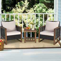 Costway 3Pcs Patio Furniture Set Outdoor Garden Wood Coffee Table & 2 Pe Rattan Chairs - thumbnail 4