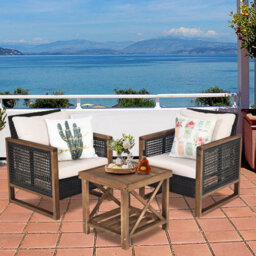 Costway 3Pcs Patio Furniture Set Outdoor Garden Wood Coffee Table & 2 Pe Rattan Chairs - thumbnail 5
