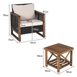 Costway 3Pcs Patio Furniture Set Outdoor Garden Wood Coffee Table & 2 Pe Rattan Chairs - thumbnail 2