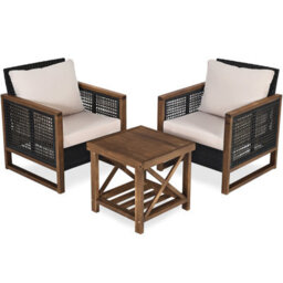 Costway 3Pcs Patio Furniture Set Outdoor Garden Wood Coffee Table & 2 Pe Rattan Chairs - thumbnail 3