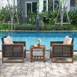 Costway 3Pcs Patio Furniture Set Outdoor Garden Wood Coffee Table & 2 Pe Rattan Chairs