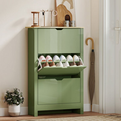 Homcom 18-Shoe Storage Cabinet 6 Shelves 3 Drawers Tabletop High Gloss Green - image 1