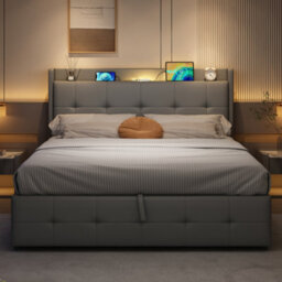 Modernluxe 5Ft King Bed, 150X200 Cm, Ottoman Bed, Double Bed With Charging Station And Led Night Light, Pu Leather, Grey - thumbnail 2