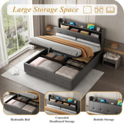 Modernluxe 5Ft King Bed, 150X200 Cm, Ottoman Bed, Double Bed With Charging Station And Led Night Light, Pu Leather, Grey - thumbnail 6