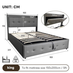 Modernluxe 5Ft King Bed, 150X200 Cm, Ottoman Bed, Double Bed With Charging Station And Led Night Light, Pu Leather, Grey - thumbnail 4