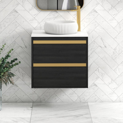 Royal Bathrooms Orion 600mm Hale Black Wall Hung Plain White Countertop Vanity Unit 2 Drawer With Milan Basin & Brushed Brass Accent Trim - image 1