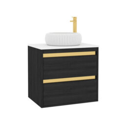 Royal Bathrooms Orion 600mm Hale Black Wall Hung Plain White Countertop Vanity Unit 2 Drawer With Milan Basin & Brushed Brass Accent Trim - thumbnail 6