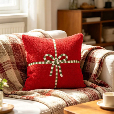 Amorly 45Cm Festive Christmas Gift Box Cushion Cover, Soft Fuzzy Pillowcase No Insert, Hidden Zipper Design For Sofa Bed Home Decoration - image 1