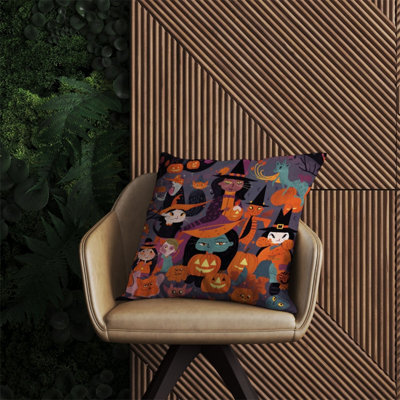Warren Reed Designer Vibrant Illustration Of Witches And Pumpkin Outdoor Cushion 60Cm X 60Cm