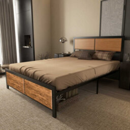 Homcom Double Size Bed Frame Steel Bed Base With Headboard 142 X 195Cm Brown - thumbnail 7