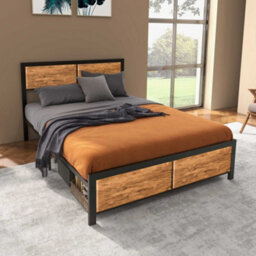 Homcom Double Size Bed Frame Steel Bed Base With Headboard 142 X 195Cm Brown - thumbnail 1
