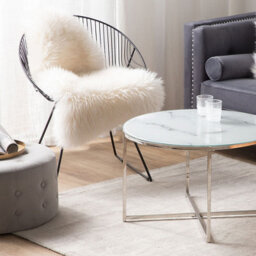 Beliani Glam Round Marble-Effect Coffee Table 70Cm, Tempered Glass Top, White-Silver Stainless Steel Base - thumbnail 2