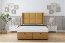 "Comfort Charlie Mustard Plush Ottoman Bed Base With 54"" Wingback Headboard 2'6 Small Single" - thumbnail 1