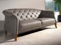 Angel Cerda Elegant Chester 3-Seater Sofa In Grey Leather With Wooden Legs - thumbnail 2