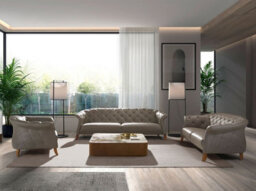Angel Cerda Elegant Chester 3-Seater Sofa In Grey Leather With Wooden Legs - thumbnail 3