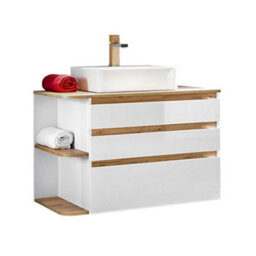 Impact Furniture Bathroom Furniture Set Wall Hung Countertop Vanity Unit With Basin Tallboy Cabinet White Gloss Oak Scandi Plat - thumbnail 6