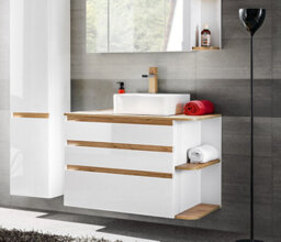 Impact Furniture Bathroom Furniture Set Wall Hung Countertop Vanity Unit With Basin Tallboy Cabinet White Gloss Oak Scandi Plat - thumbnail 2
