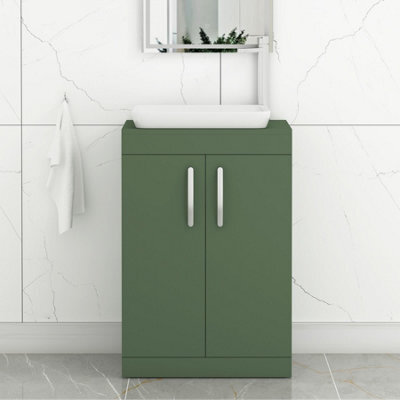 Royal Bathrooms Turin 600mm Freestanding Bathroom Vanity Unit With Sink 2 Door Matt Green & Qubix Countertop Basin - image 1