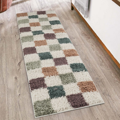Chester Living Room Shaggy Area Rug Modern - Contemporary Checkered Design - Hallway Runner Indoor Rug Multi 60X220 Cm - image 1
