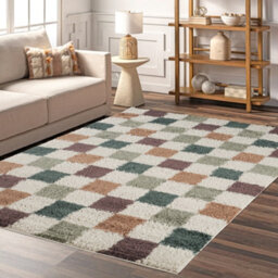 Chester Living Room Shaggy Area Rug Modern - Contemporary Checkered Design - Hallway Runner Indoor Rug Multi 60X220 Cm - thumbnail 6