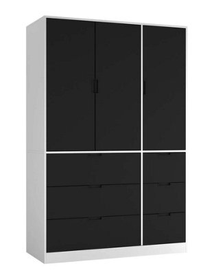 Urbn-Living Urbnliving Wooden 3 Door 6 Drawer Wardrobe Bedroom Storage Closet Shelves Hanging Rail White Unit - Black Doors Drawers - image 1