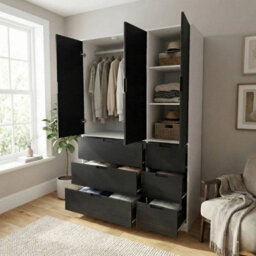 Urbn-Living Urbnliving Wooden 3 Door 6 Drawer Wardrobe Bedroom Storage Closet Shelves Hanging Rail White Unit - Black Doors Drawers - thumbnail 5