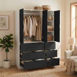 Urbn-Living Urbnliving Wooden 3 Door 6 Drawer Wardrobe Bedroom Storage Closet Shelves Hanging Rail White Unit - Black Doors Drawers - thumbnail 4