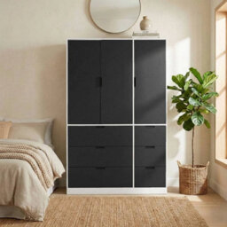 Urbn-Living Urbnliving Wooden 3 Door 6 Drawer Wardrobe Bedroom Storage Closet Shelves Hanging Rail White Unit - Black Doors Drawers - thumbnail 3
