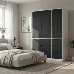 Urbn-Living Urbnliving Wooden 3 Door 6 Drawer Wardrobe Bedroom Storage Closet Shelves Hanging Rail White Unit - Black Doors Drawers - thumbnail 2