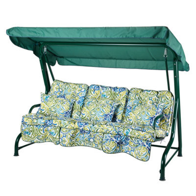 Alfresia Roma 3-Seater Swing Seat Green Frame With Classic Blue Green Multi Cushion